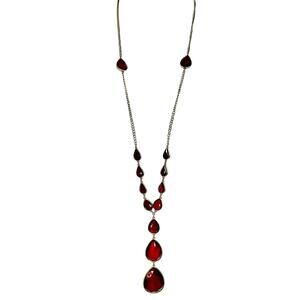 Scarlet Red Large Teardrops Y Drop Gold Tone Statement Necklace